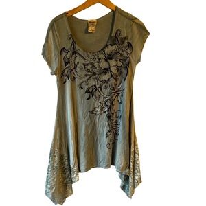 Aria Rose Tunic Shirt Women Blue Rhinestone Lace Hem Made in USA